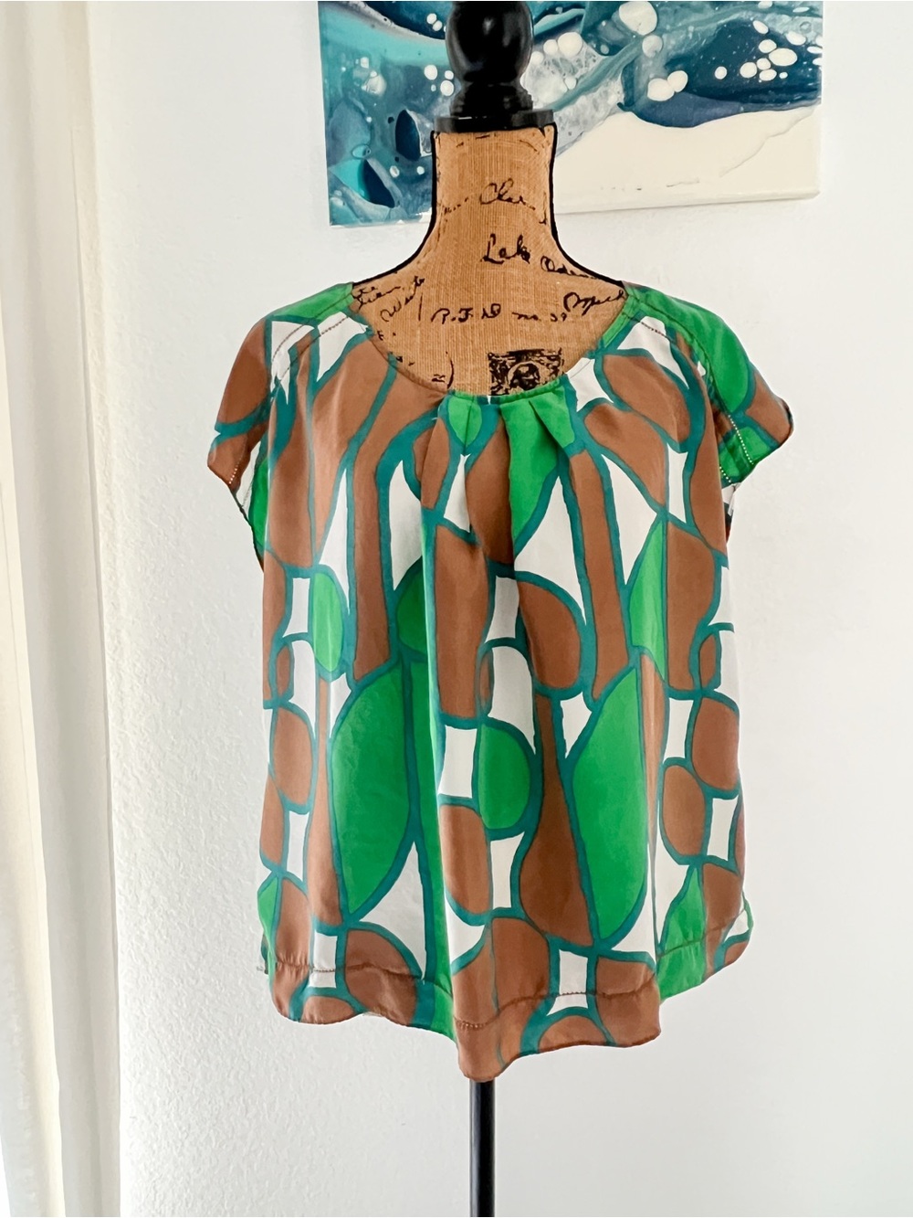 Diane Von Furstenberg Green & Brown Abstract Cap-Sleeve Blouse